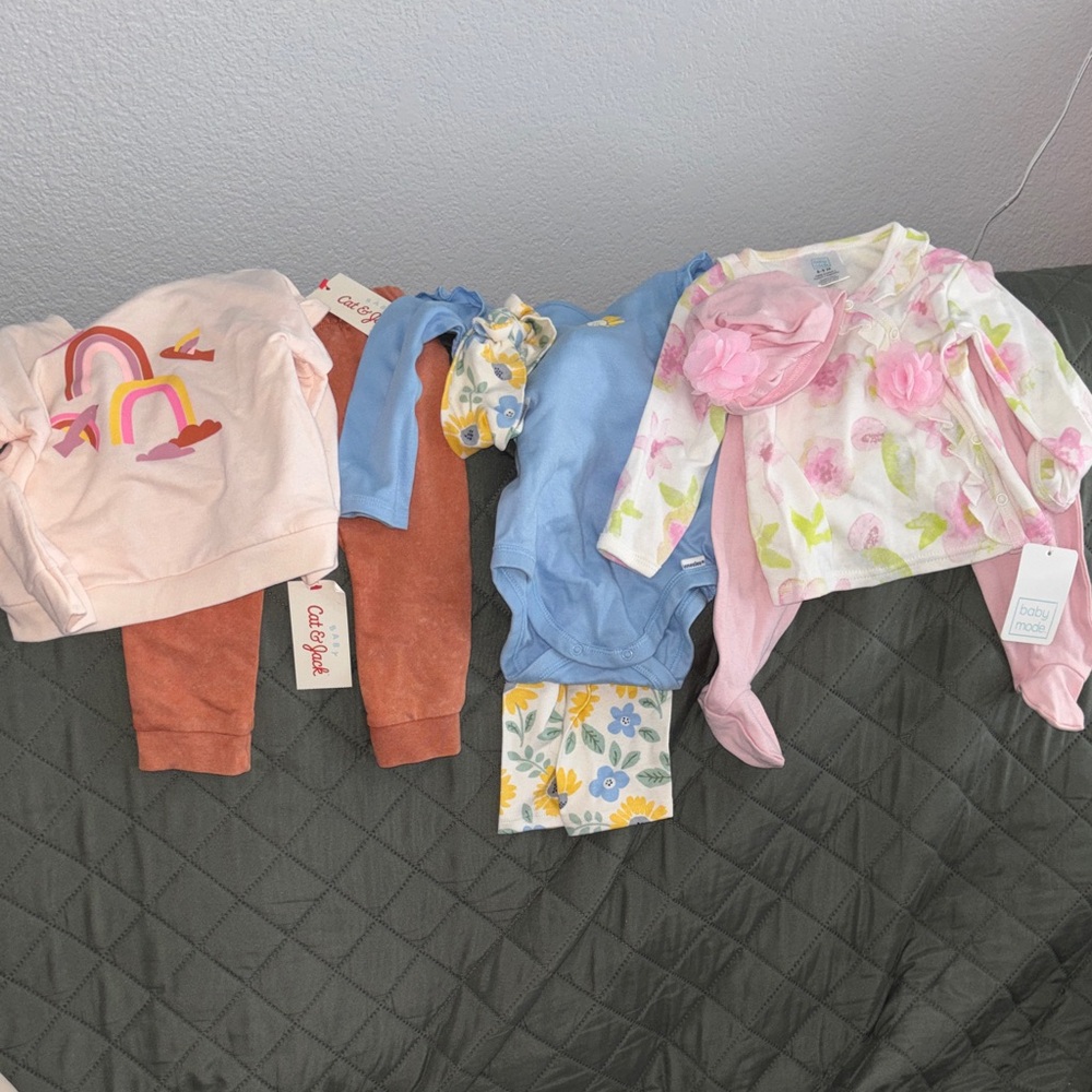 3 6-9 mos baby girl long sleeve and pant sets, Gerber, Cat & Jack, baby made